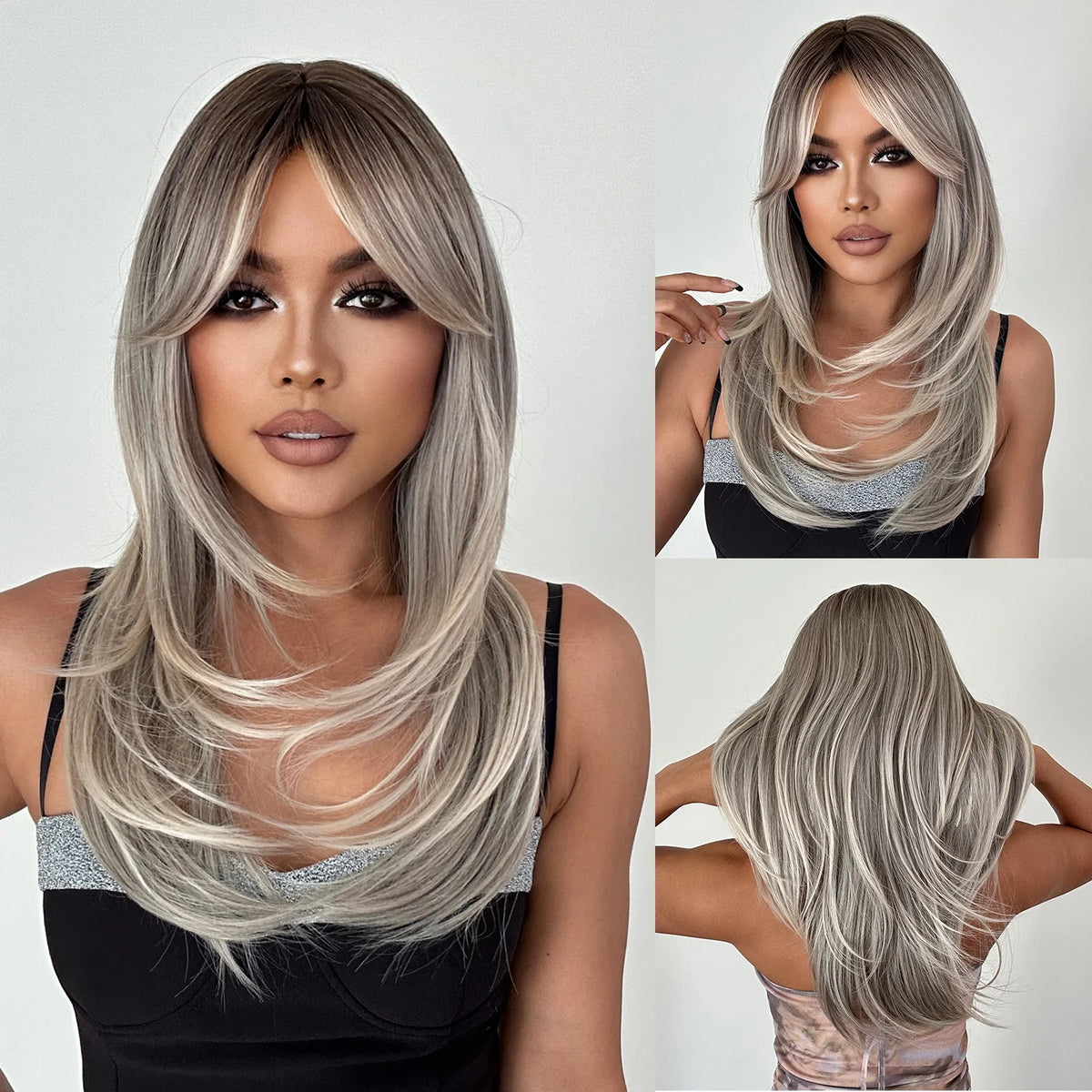 Long Straight Layered Blonde Wig With Bangs for Women