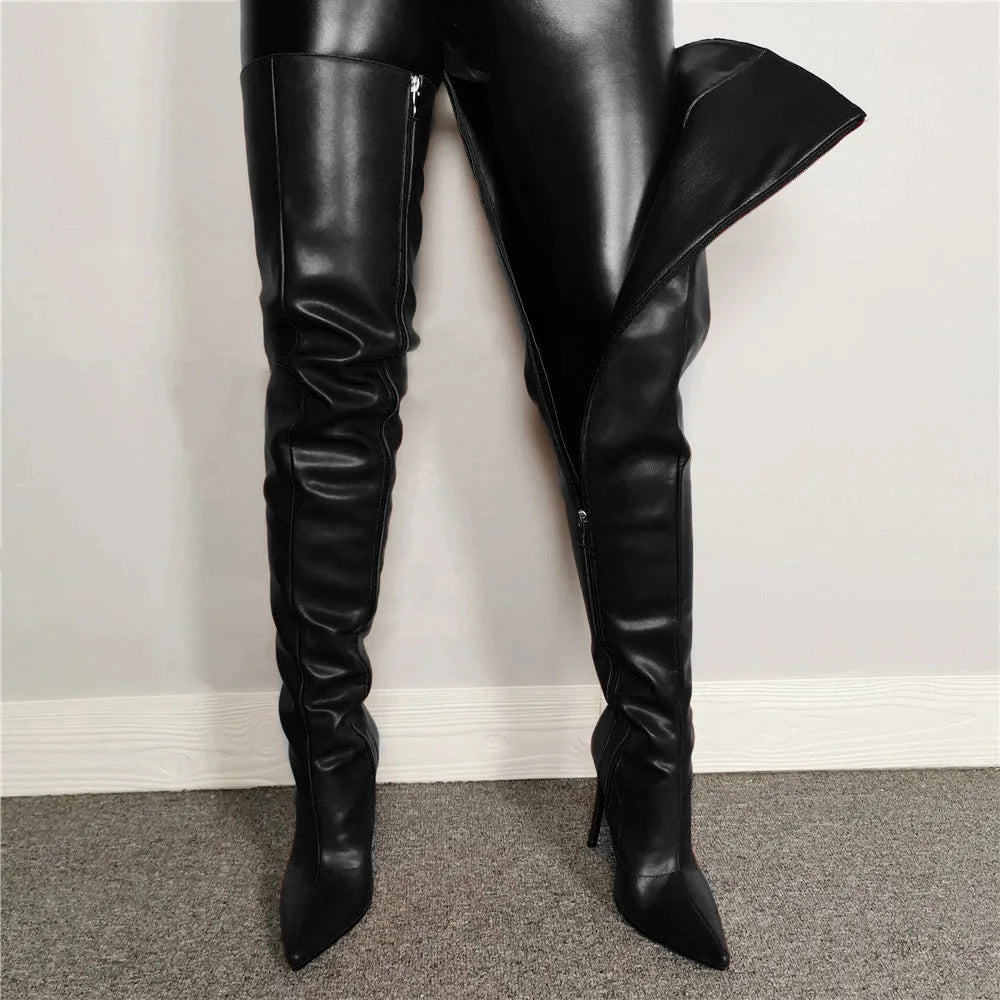 Fashion Leather Side Zipper Pointed Toe Stiletto Over The Knee Boots for Women