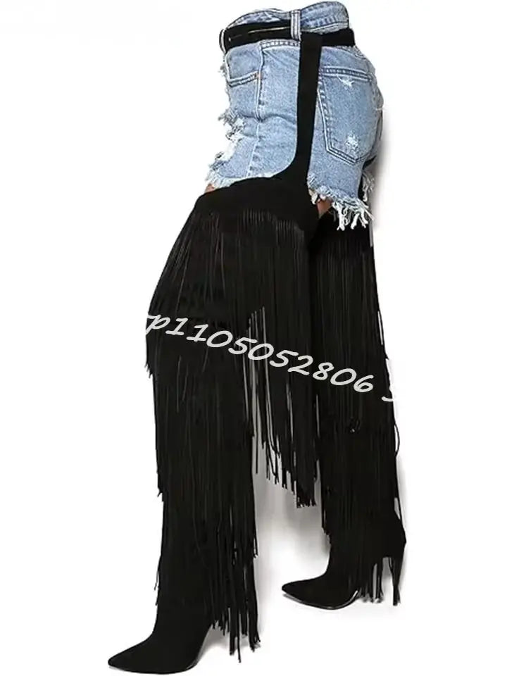 Fringe Belted Suede Over the Knee Boots with Pointed Toe and Thin Heel for Women