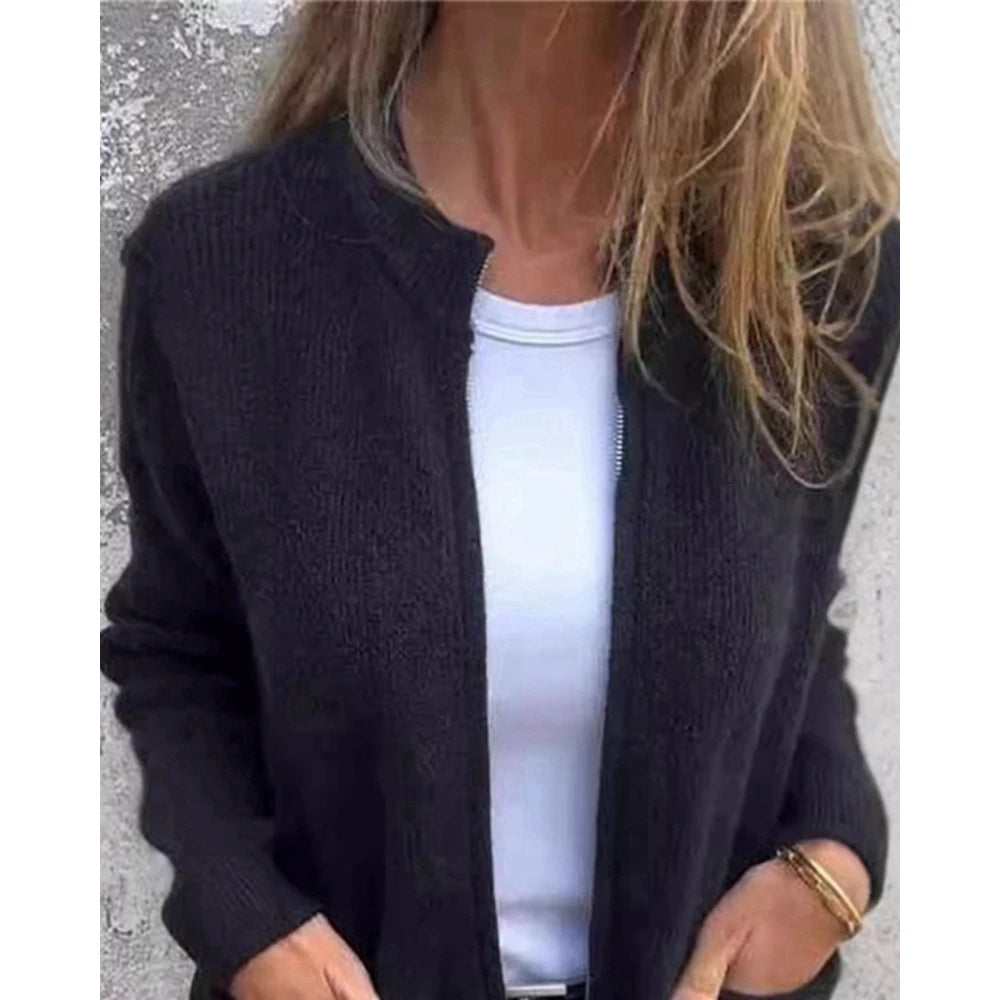 Women's Round Neck Zipper Design Long Sleeve Sweater Top Ladies Casual Fashion Cardigan Autumn