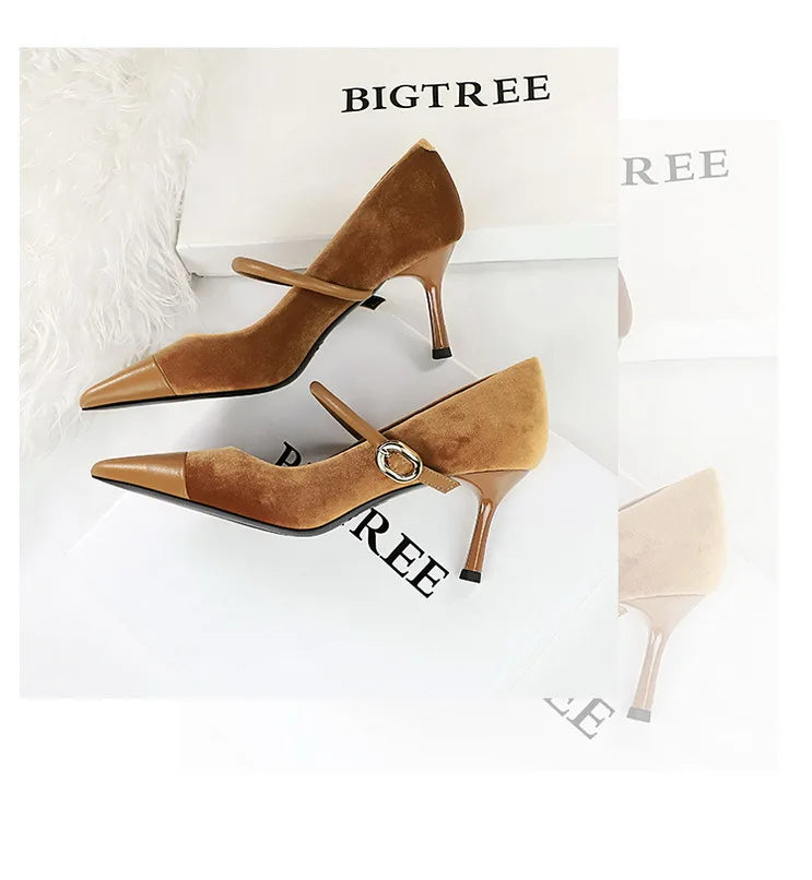 Suede Buckle Strap Pointed Toe Stiletto Pumps for Women