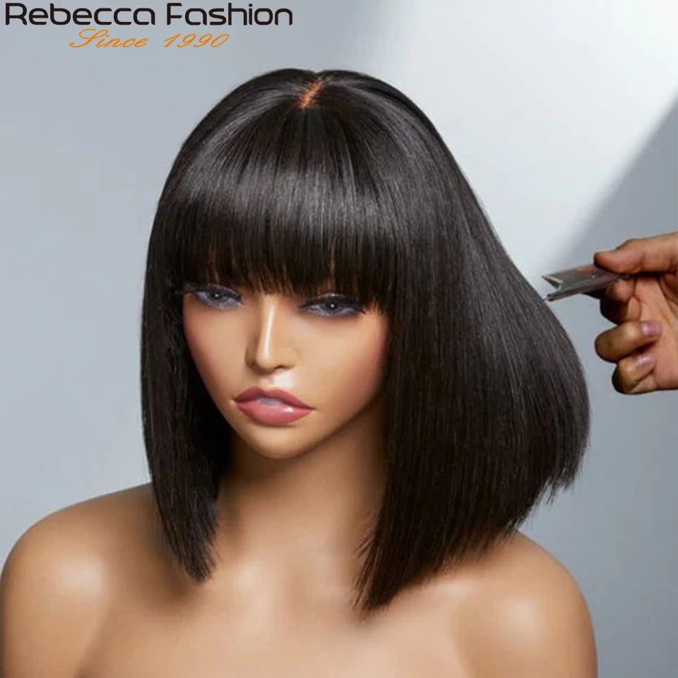 Straight Brazilian Human Hair Bob Wig With Bangs for Women