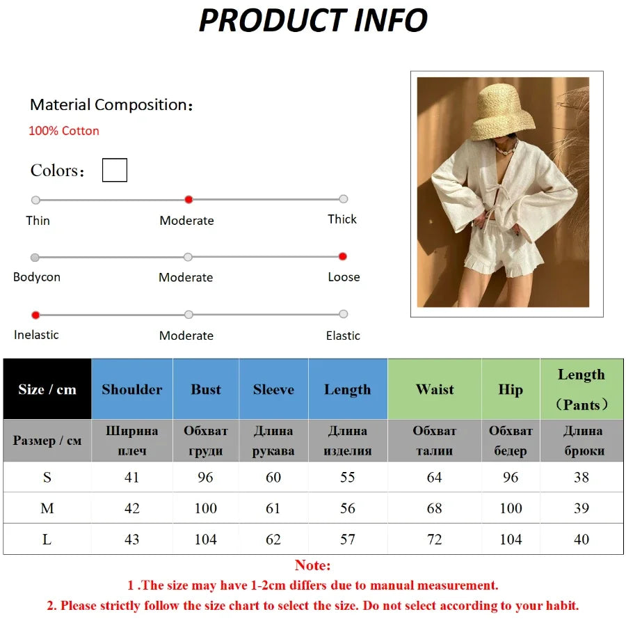 Cotton V Neck Long Sleeve Loose Casual Two Piece Shorts Set For Women