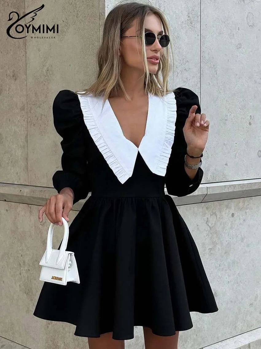Oymimi Elegant Black Patchwork Women's Dress Casual Peter Pan Collar Three Quarter Sleeve Dresses Fashion Pleated Mini Dresses