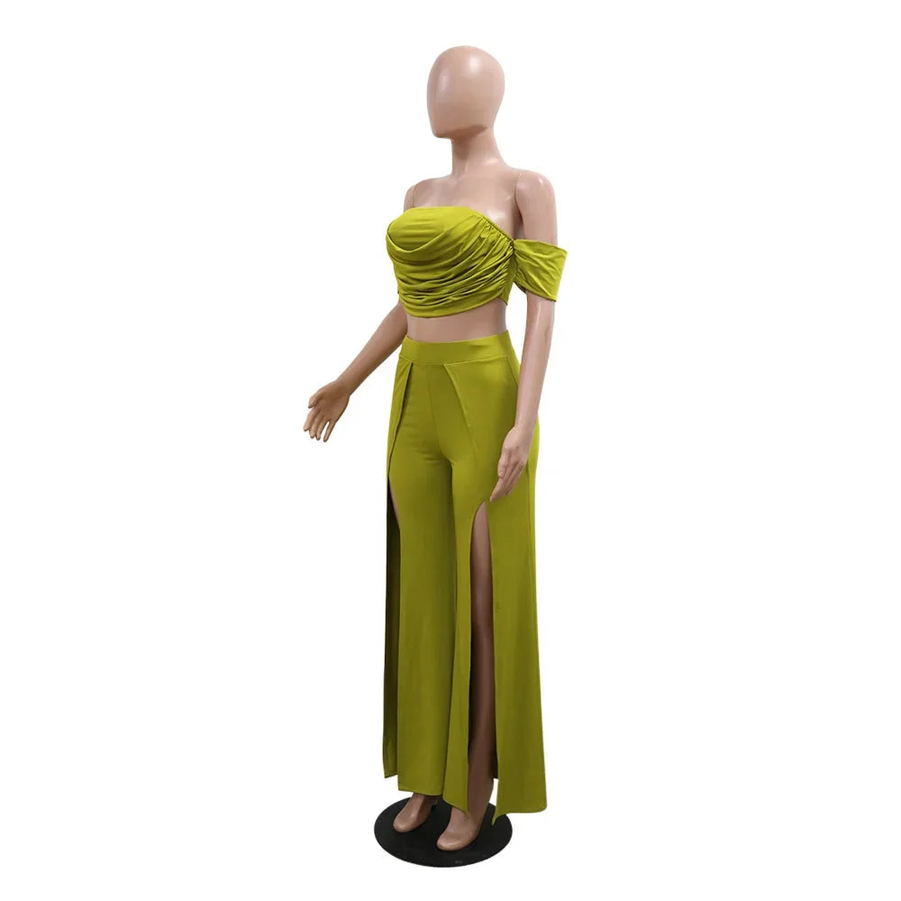 Ruched Slash Neck Top and Wide Leg Pants Set for Women