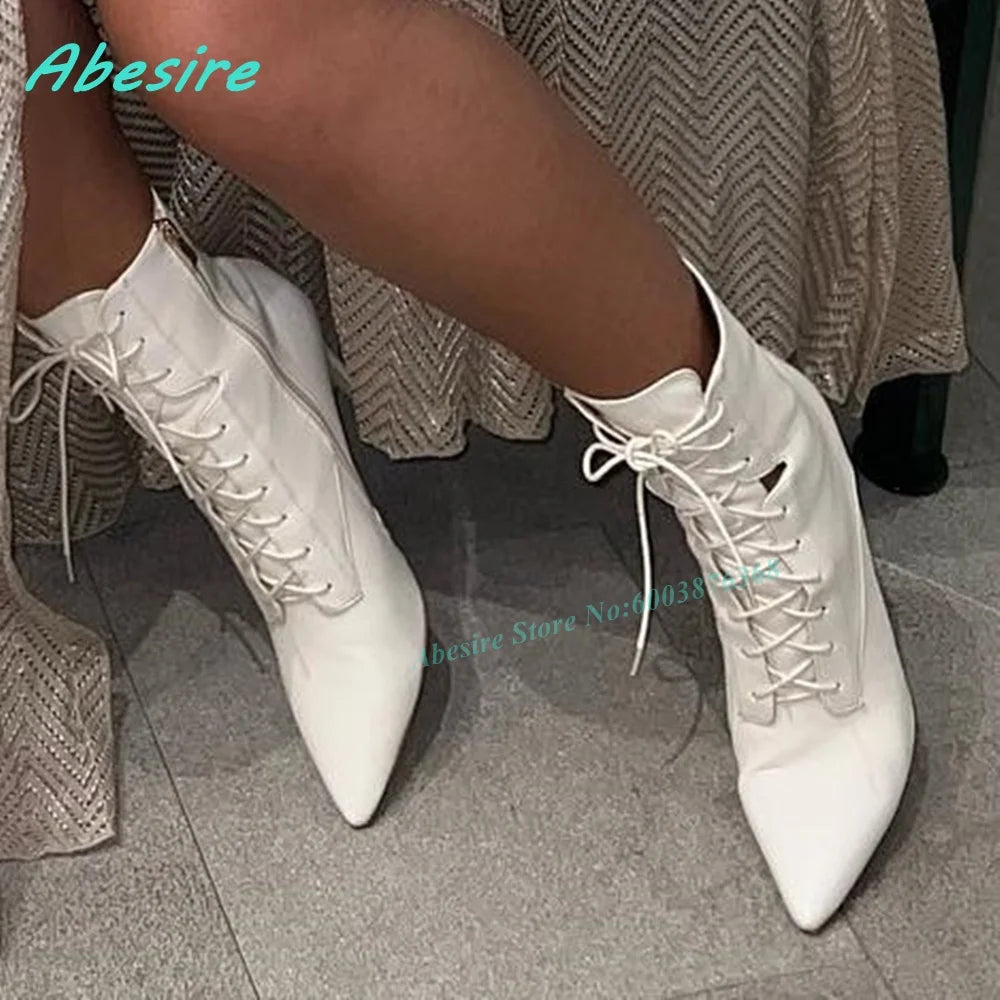 White Leather Lace‑Up Ankle Boots Pointed Toe Stiletto Heels Side-Zipper Women's Boots Elegant Concise Party Fashion Show Shoes