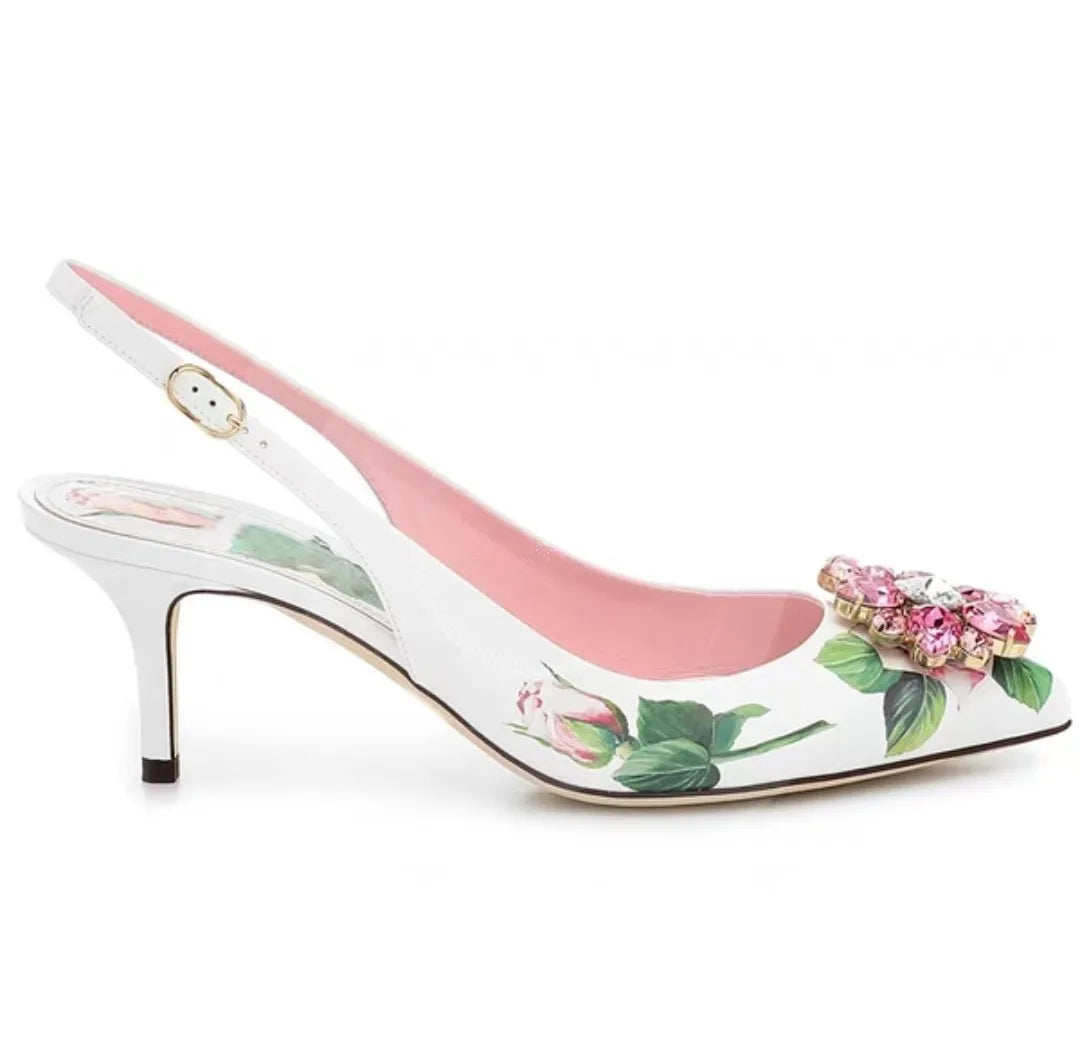 Elegant Pink Floral Rhinestone Slingback Wedding High Heels Pumps for Women