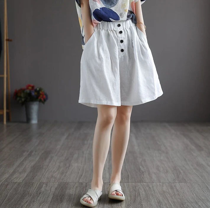 Short Pants Woman Bermuda with Waist Pocket Knee Length Mid Cotton Half Shorts for Women Elastic Linen Trend 2025 Kpop Wholesale