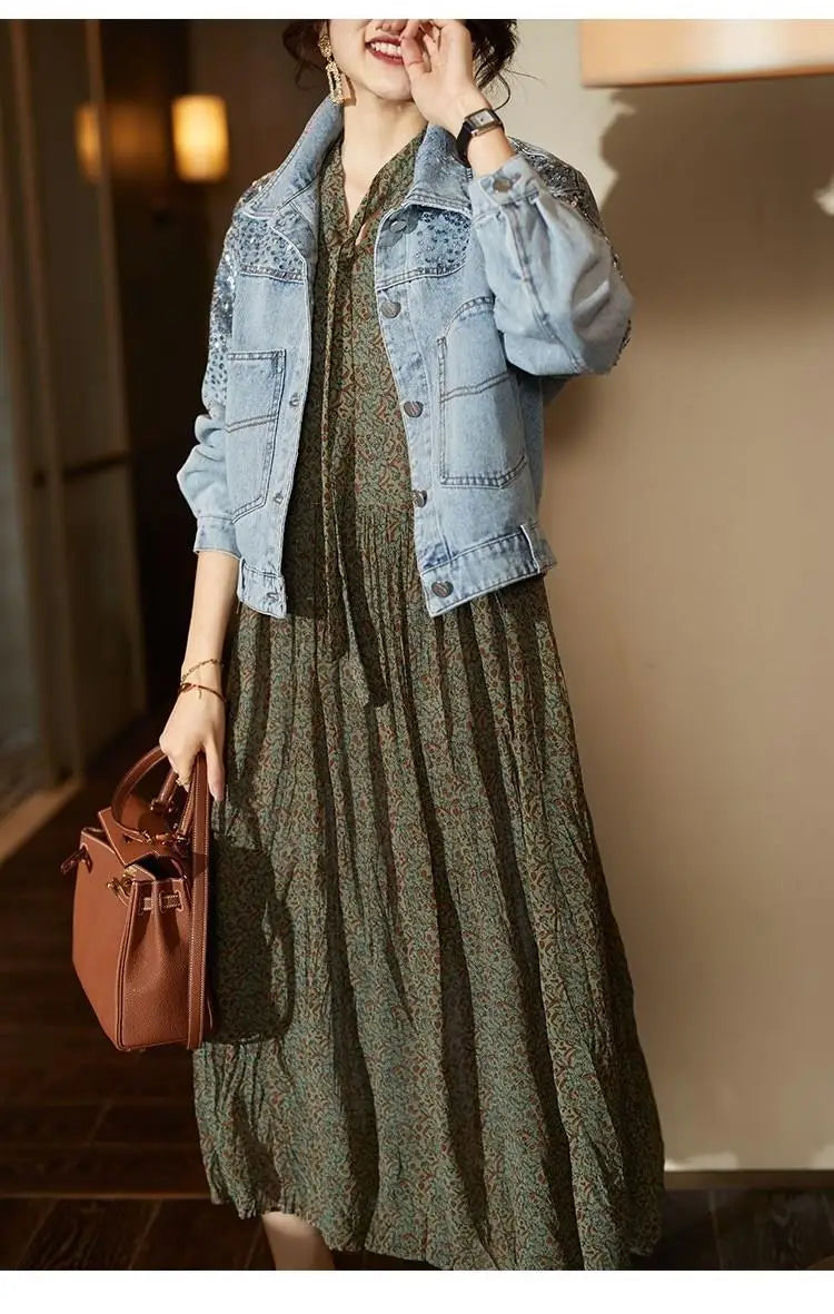 Sequin Embellished Short Denim Jacket for Women with Pockets
