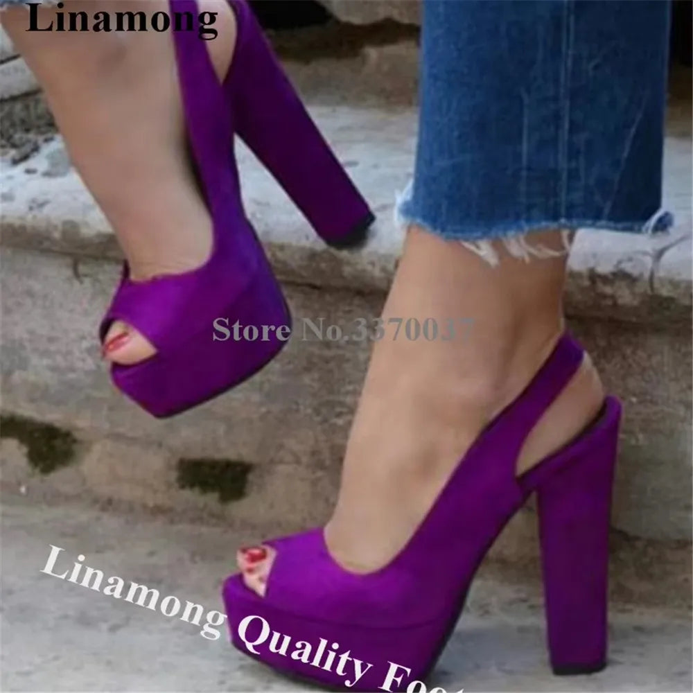 Purple Suede Chunky Heel Platform Peep Toe Pumps for Women
