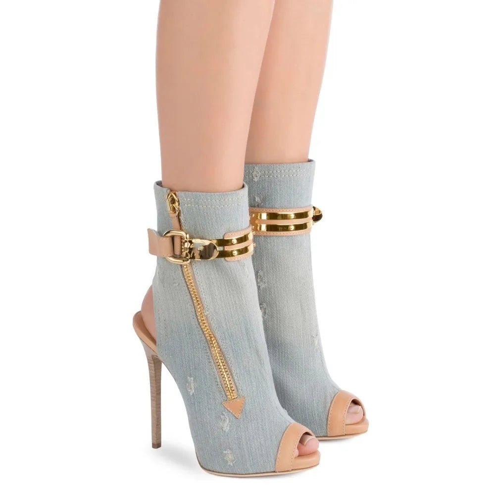 Distressed Denim Open Toe Stiletto Heel Ankle Boots With Gold Buckle for Women