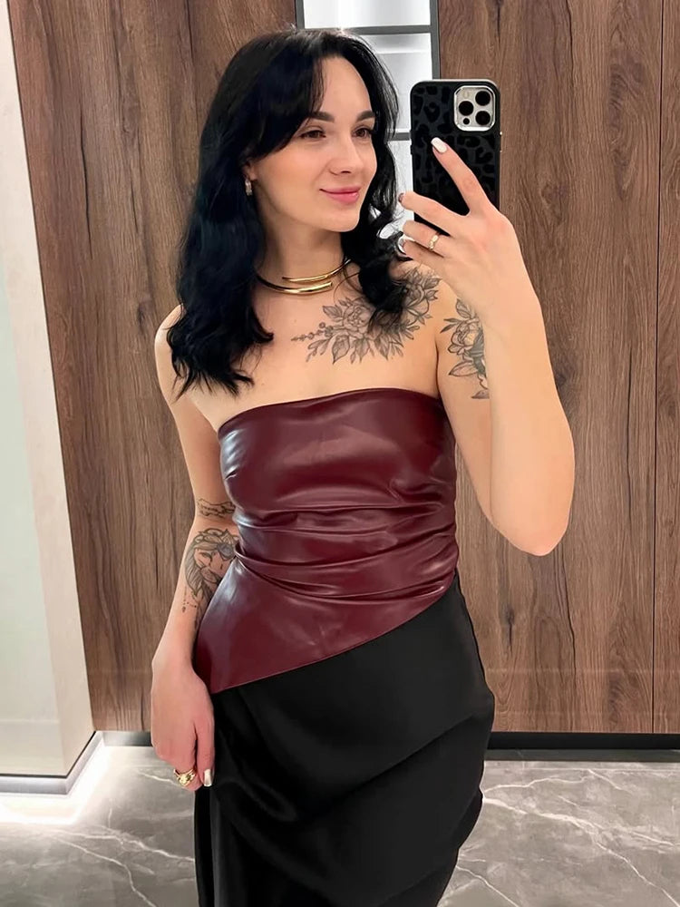 Zippered PU Leather Tube Top