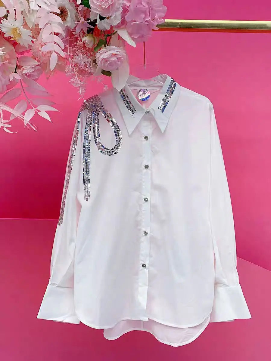 Loose Fit Sequined Embroidered Yellow Blouse For Women