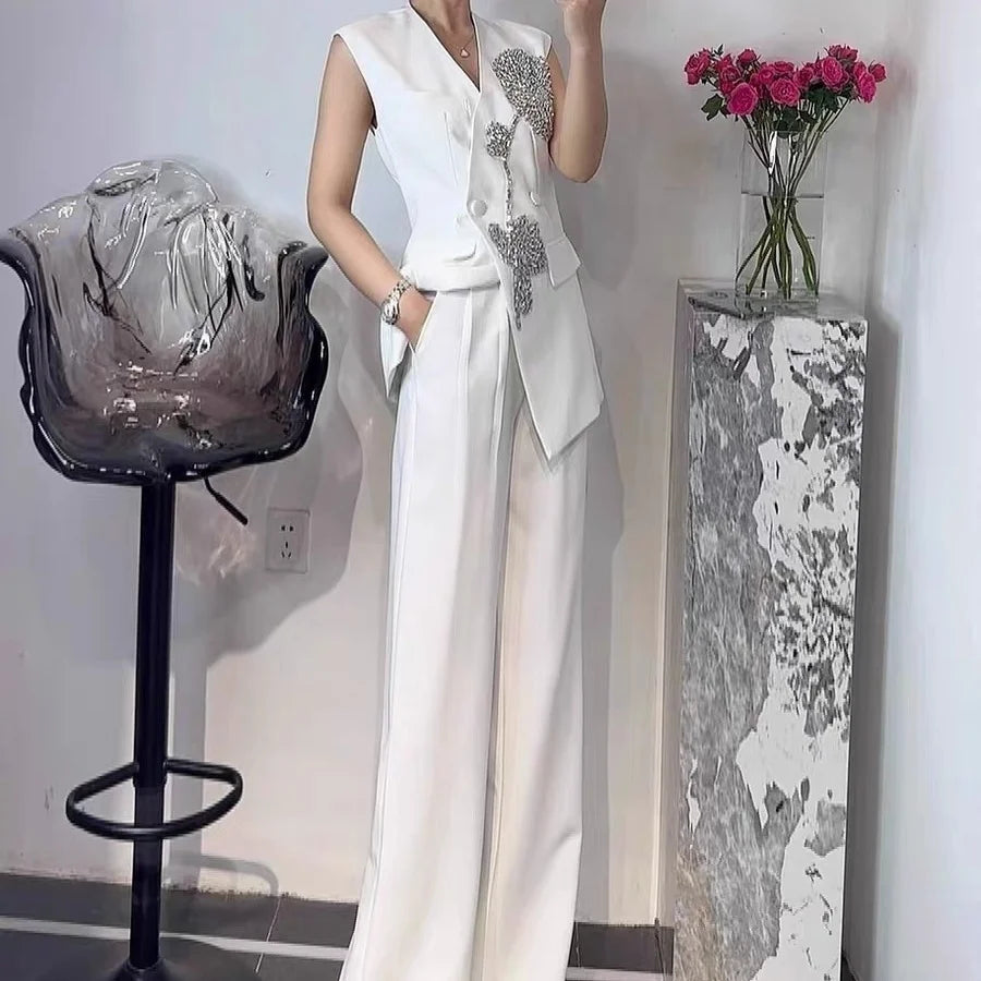 Beaded Luxury Double Breasted Vest Jacket Two Piece Set for Women
