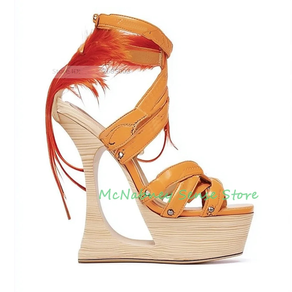 Feather Detail Cutout Strappy Wedge Sandals with Buckle Strap for Women