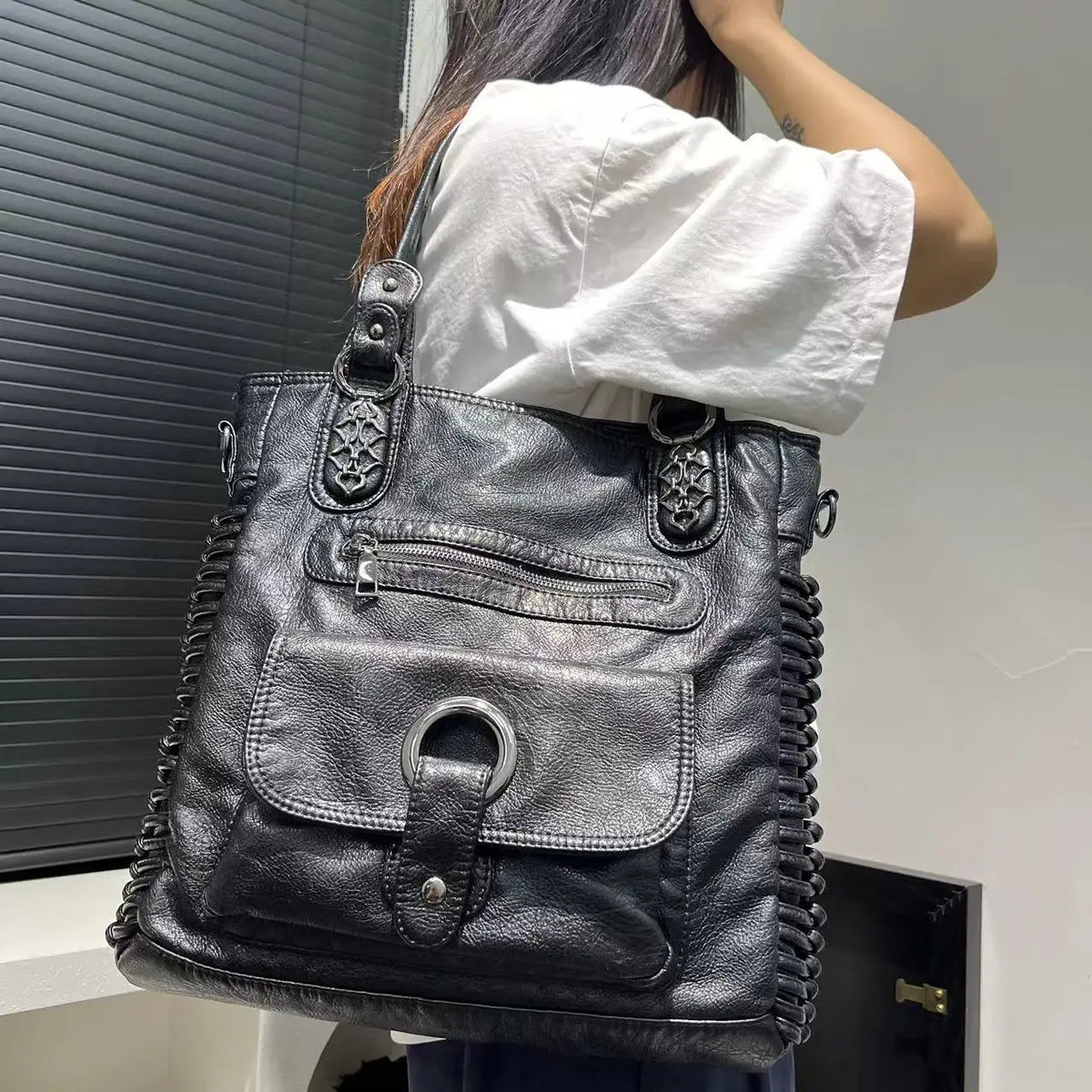 Distressed Vegan Leather Shoulder Tote Bag for Women