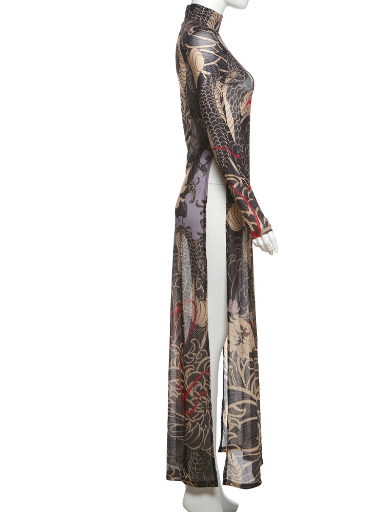 Snake Print Sheer Turtleneck Long Sleeve Top for Women