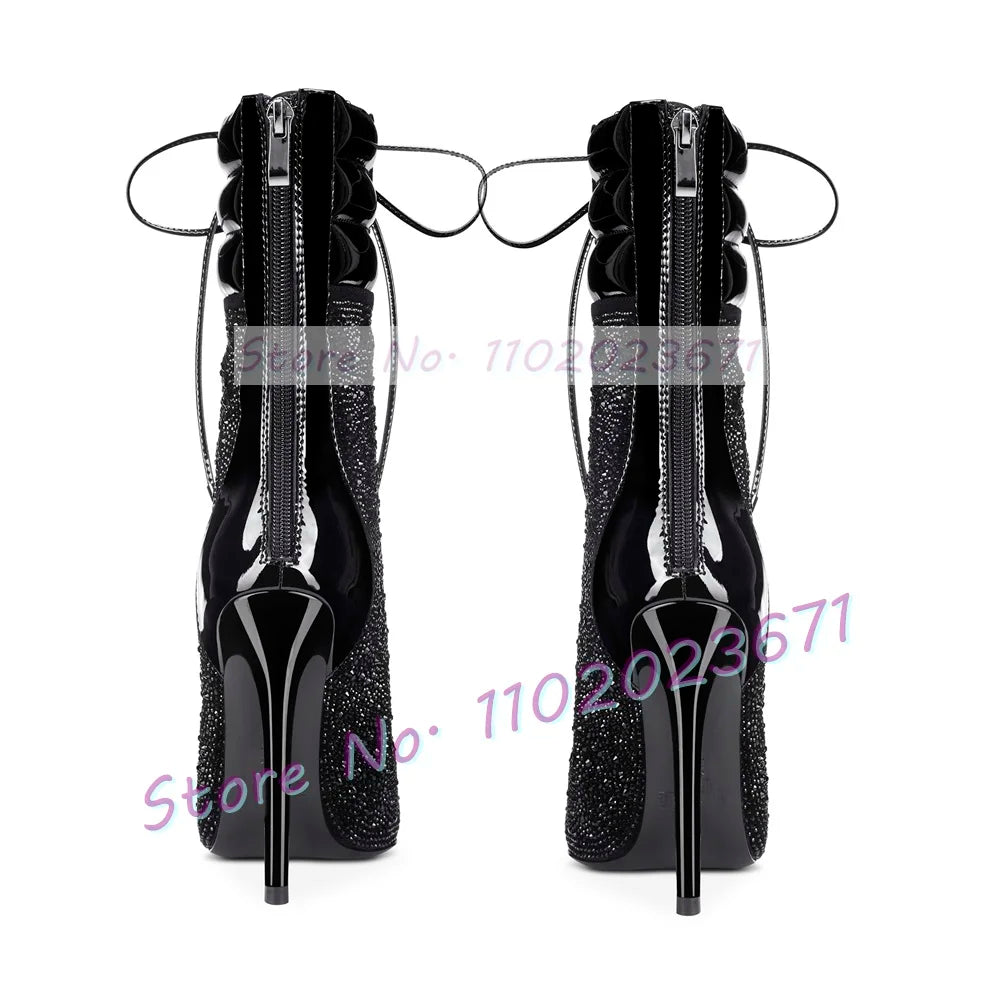 Crystal Paneled Patent Ankle Boots Women Fashion Cross Tied Pointy Toe High Heels Shoe Sexy Ladies Chocolate Brow Back-zip Boots