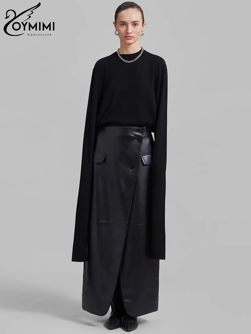 Oymimi Casual Black Pu Leather Skirts For Woman Elegant Button High Waisted Skirts Fashion Pockets Straight Skirt Streetwear