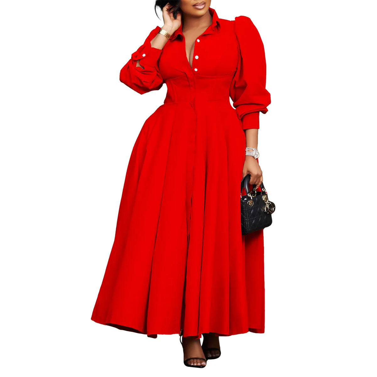 Plus Size V-Neck Long Sleeve Ankle-Length Dress for Women