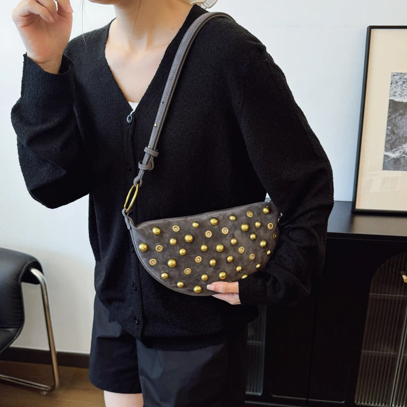 Faux Suede Rivet Half Moon Shoulder Bag for Women