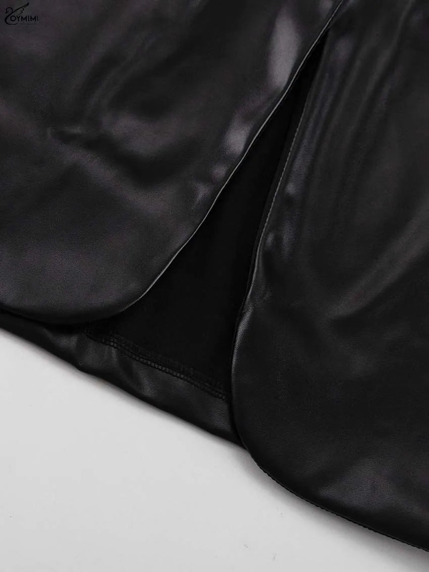 Oymimi Casual Black Pu Leather Skirts For Woman Elegant Button High Waisted Skirts Fashion Pockets Straight Skirt Streetwear