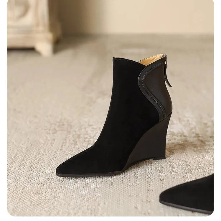 Vintage Pointed Toe Wedge Ankle Boots With Back Zipper For Women