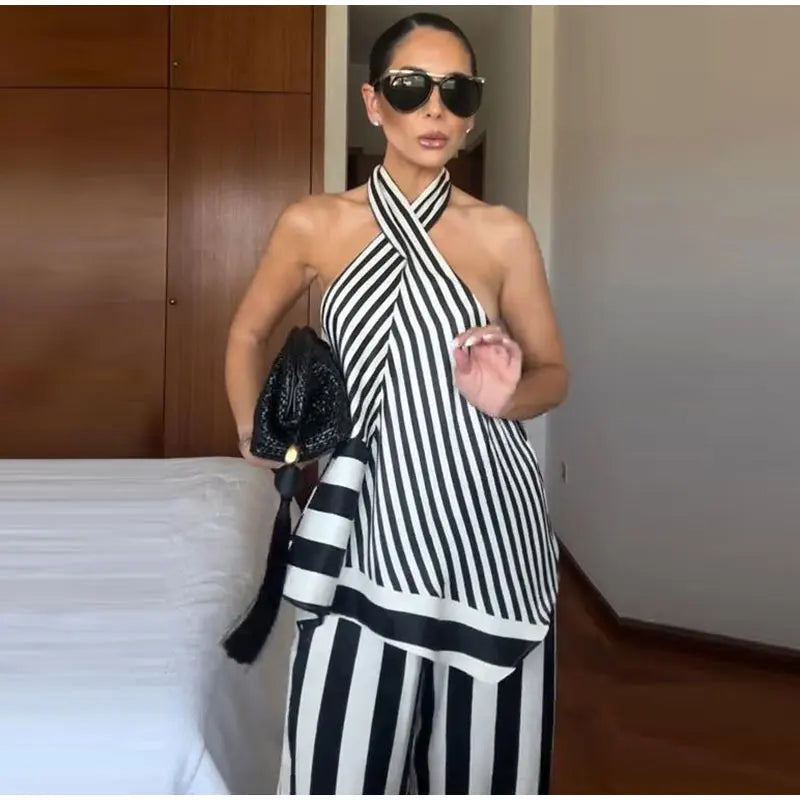 Striped Criss Cross Halter Two Piece Wide Leg Pants Set For Women