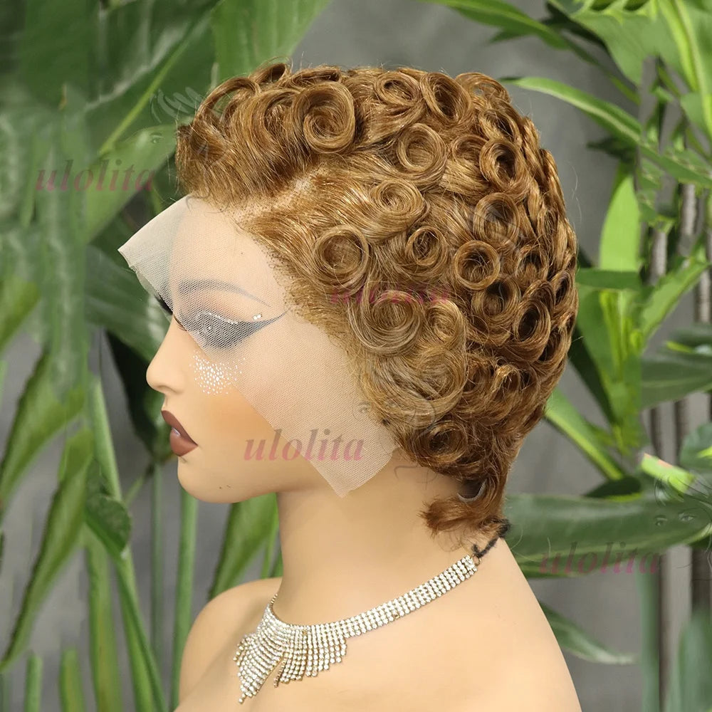 Short Layered Curly Pixie Lace Frontal Wig for Women