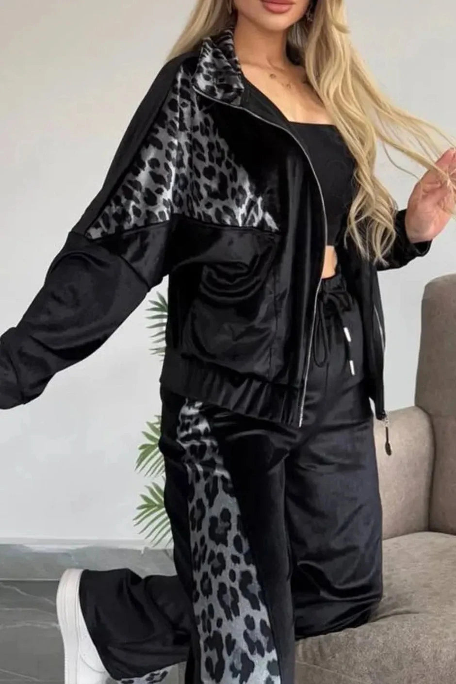 Leopard Print 2 Pieces Pants Set Turn-down Collar Zip Front Long Sleeve Top and Casual Wide Leg Pants Set
