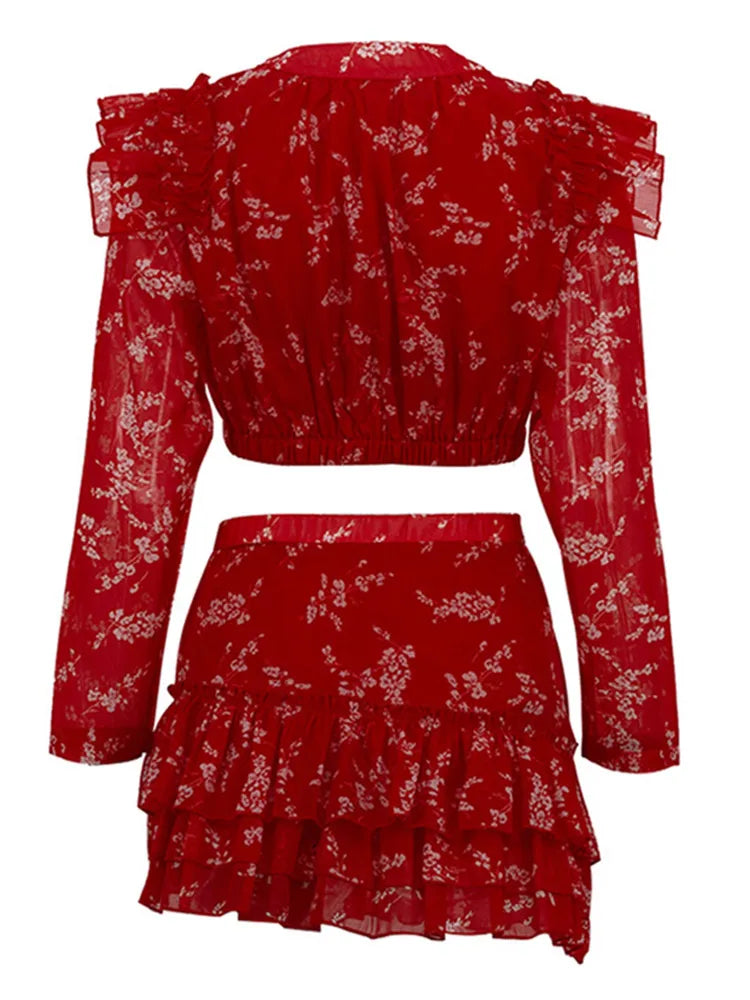 Red Print Butterfly Sleeve Hollow Out Skirt Set for Women