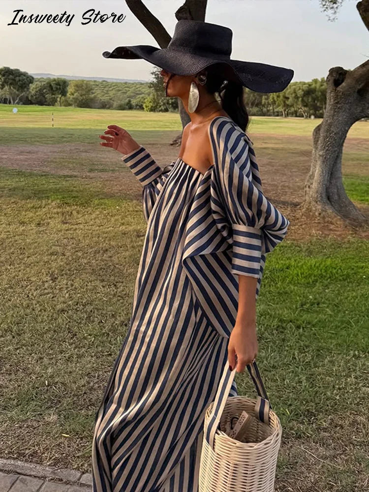Striped Strapless Maxi Dress Set With Detachable Shawl for Women