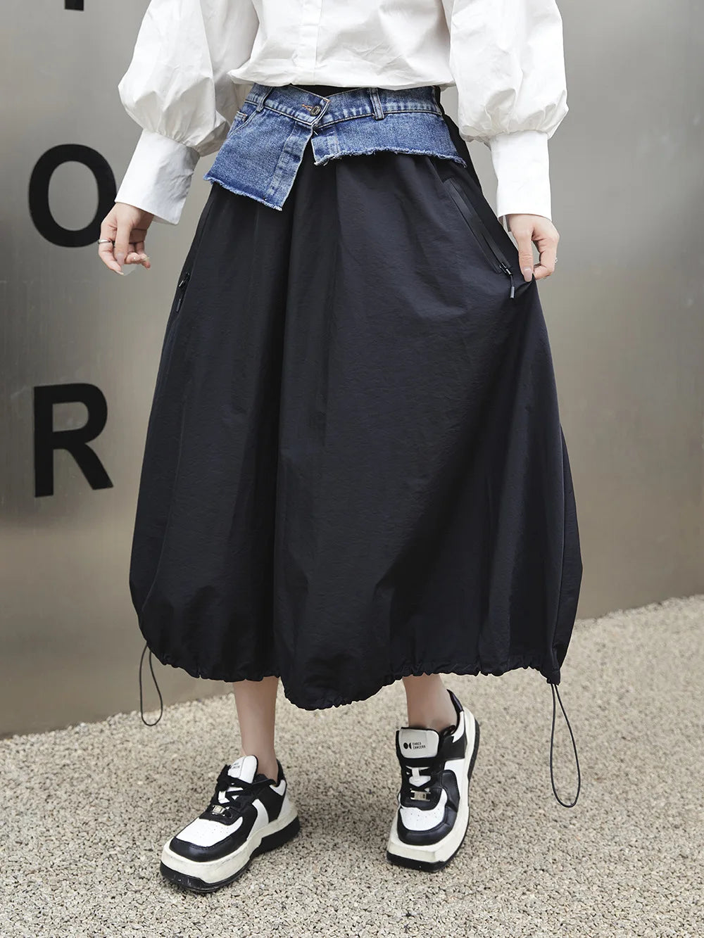 Casual Ankle-Length Spliced Denim with Contrast Color Skirt for Women
