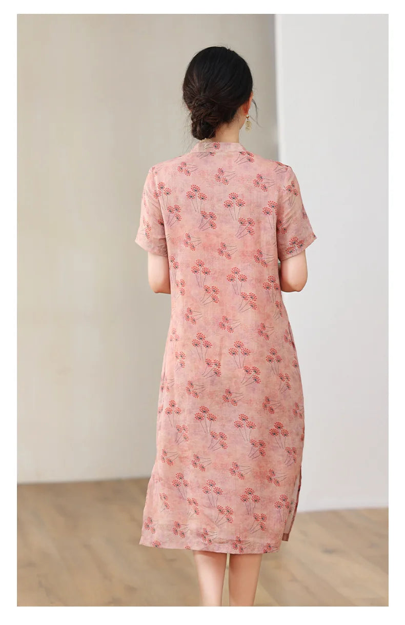 Elegant Floral Vintage Ramie Cheongsam Dress for Women