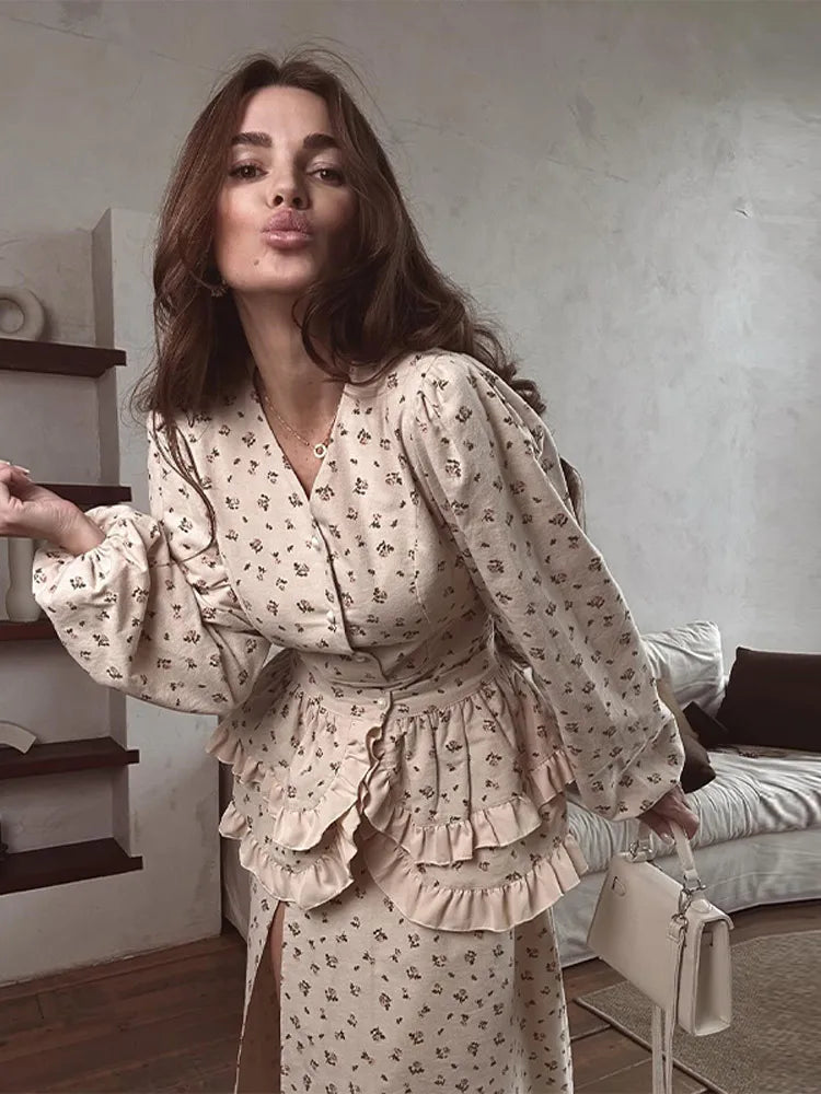 V Neck Button Lantern Sleeve Print Waistband Dress for Women