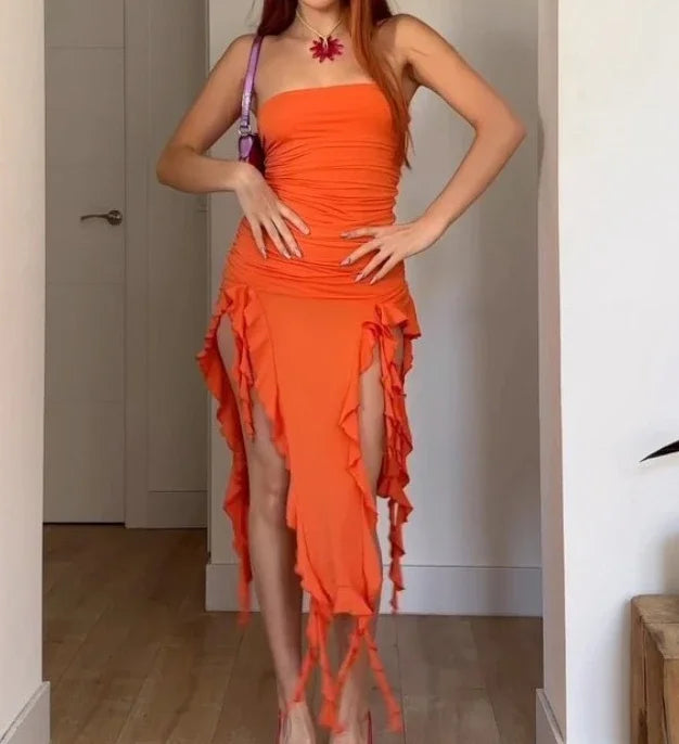 Short Dresses Womens Fashion New Sexy Spicy Girl Sleeveless Strapless Sweet Split Asymmetric Casual Party Long Dress 2025 Summer