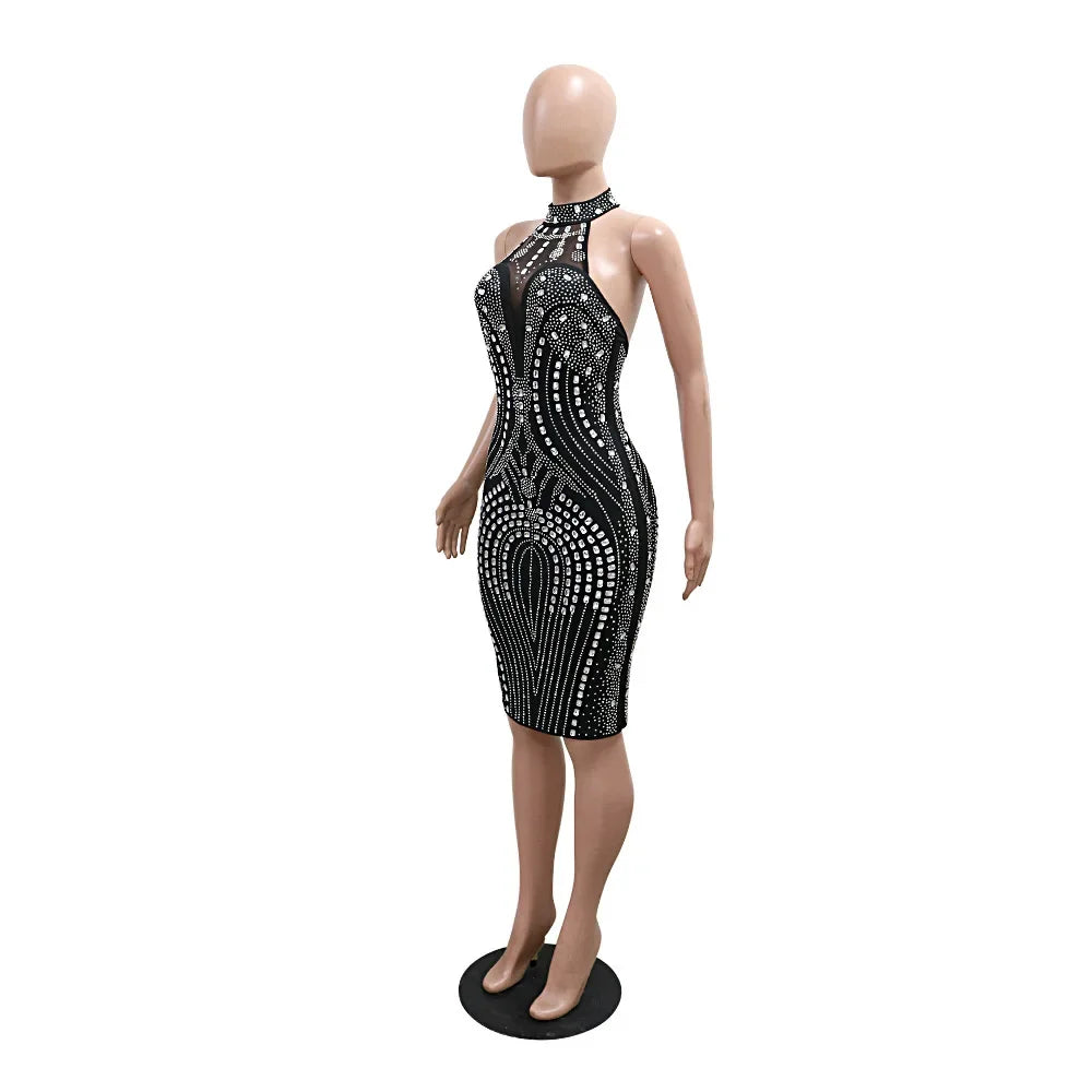 Rhinestone Embellished Sleeveless Bodycon Midi Dress for Women