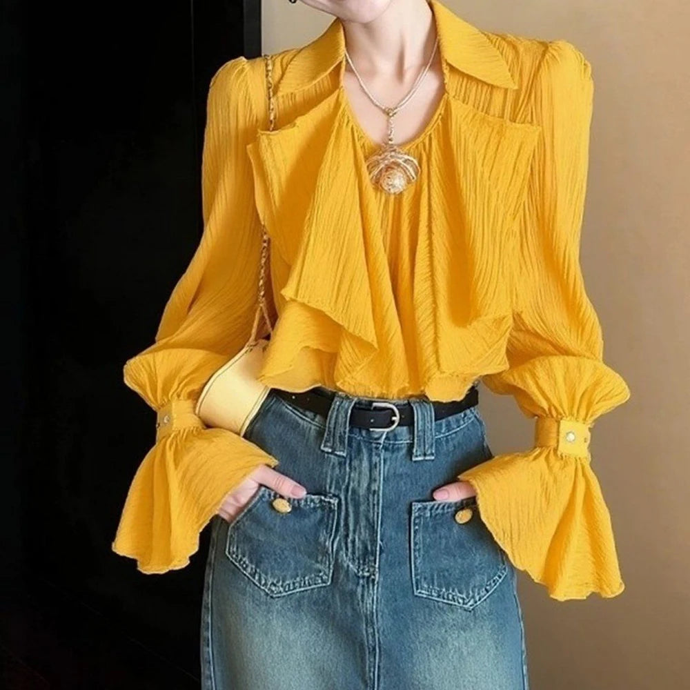French Niche Ruffle Detail Loose Fit Shirt in Yellow for Women
