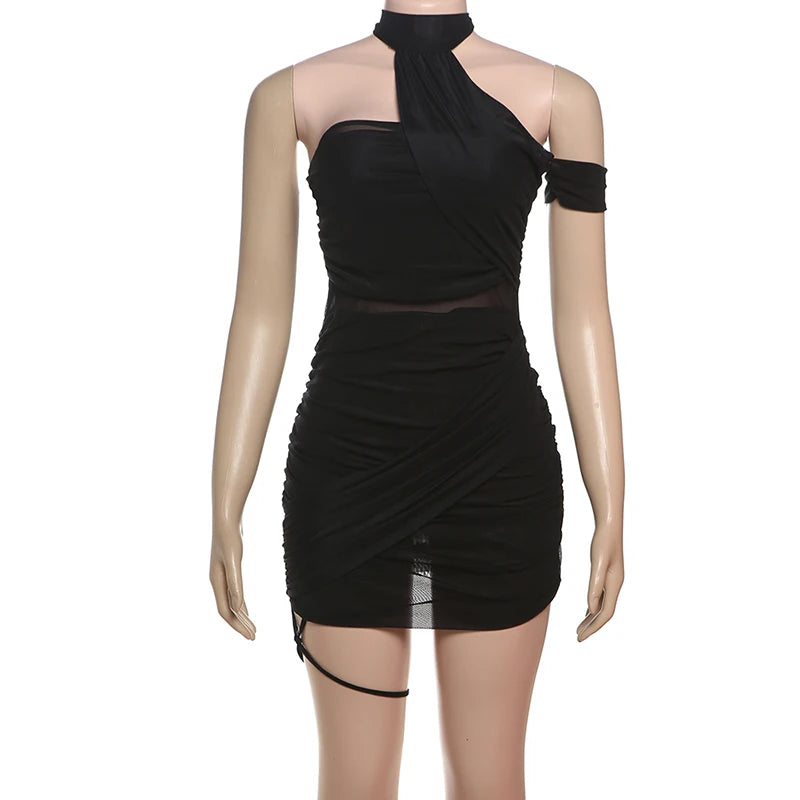 Sheer Cross Bandage Backless Halter Mini Dress for Women