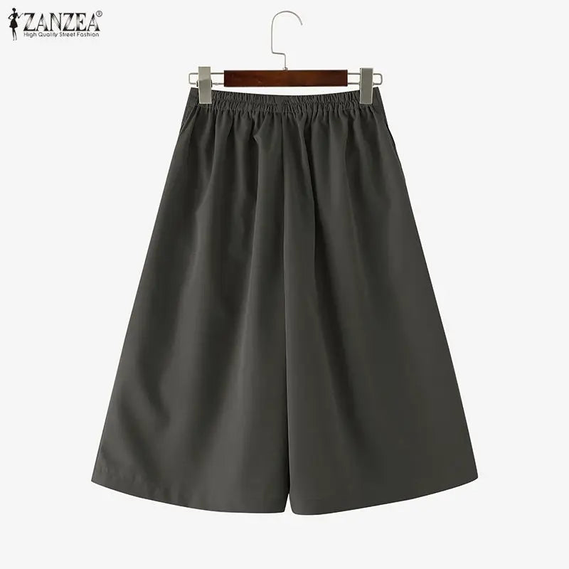 Casual Wide Leg Cropped Trousers With Elastic Waist for Women