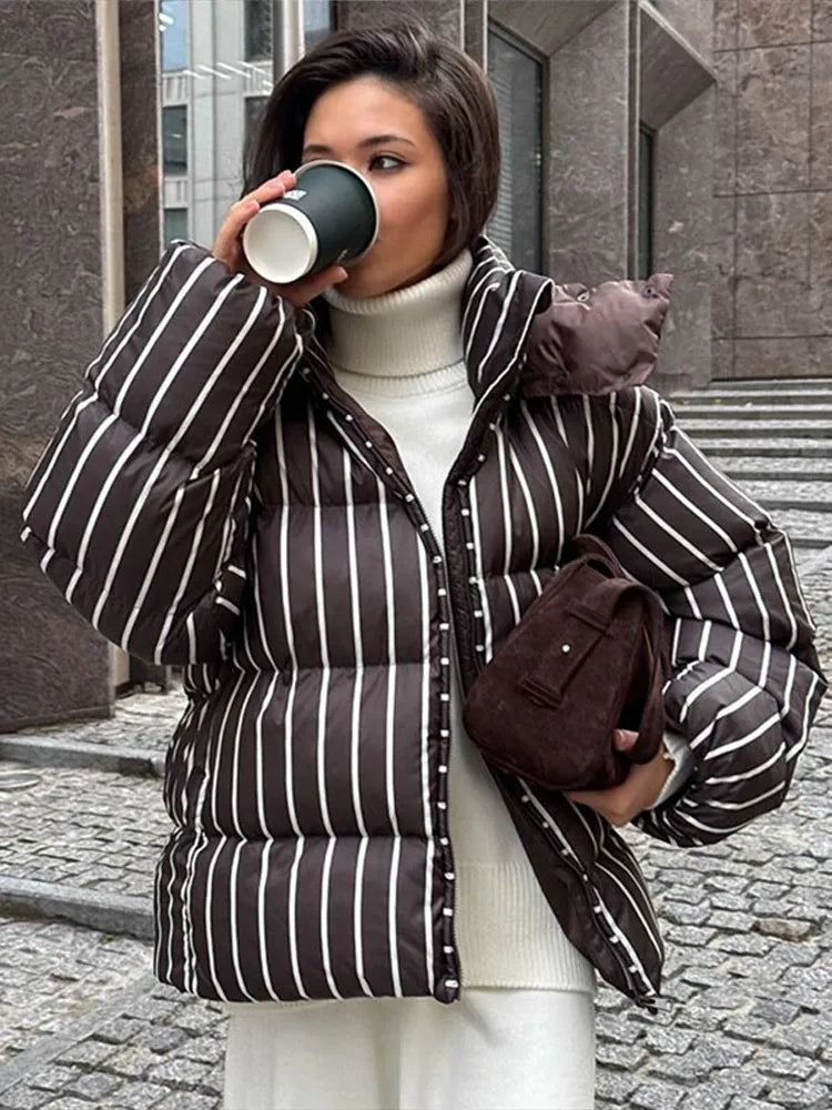 Striped Cotton Quilted Coat Single Breasted for Women