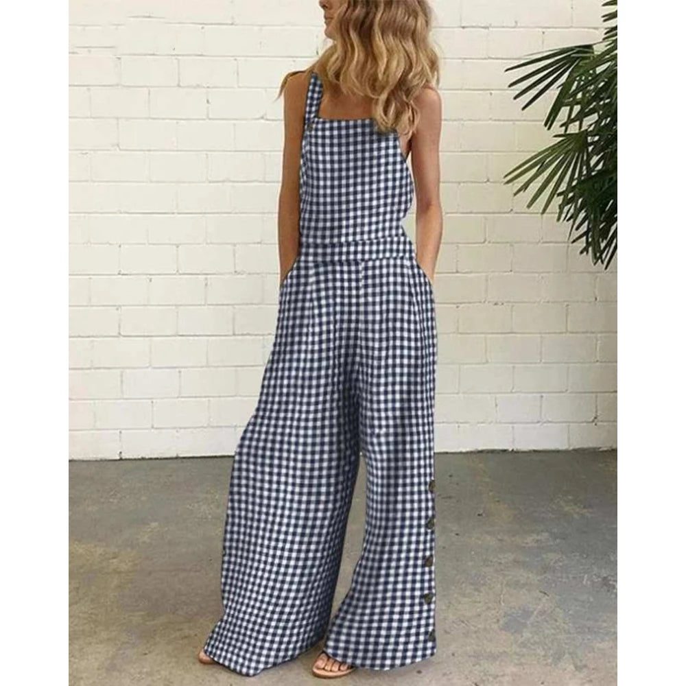 Women All Over Plaid Print Suspender Jumpsuit Summer Buttoned Wide Leg Elegant Jumpsuit Casual One Piece Party Overalls Clothing
