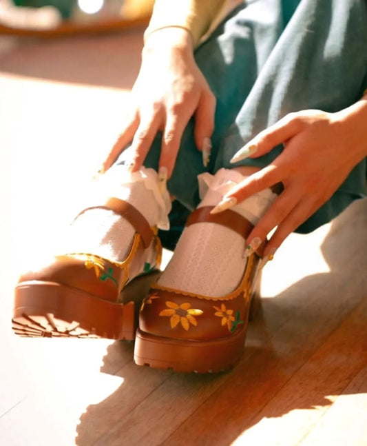 Brown Sunflower Embroidered Mary Jane