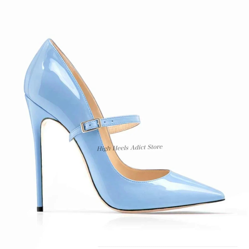 Baby Blue Patent Leather Pointy Toe Strappy Pumps For Women