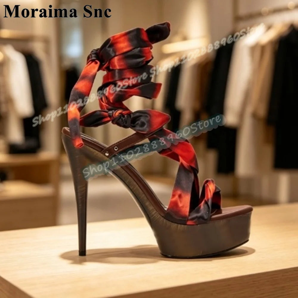 Gradient Color Lace Up High Platform Sandals for Women