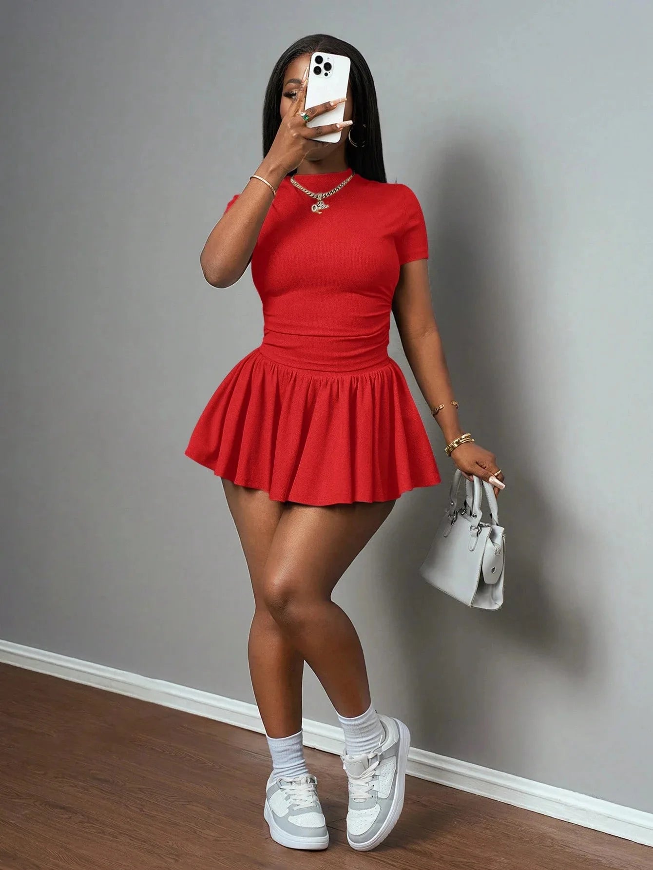 Casual Ribbed Two Piece Set with Crop Top and Pleated Skirt for Women