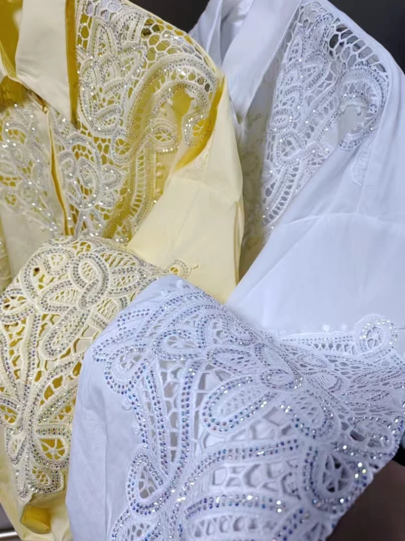 Sequined Embroidered Lantern Sleeve Hollow Out Cotton Blouse for Women