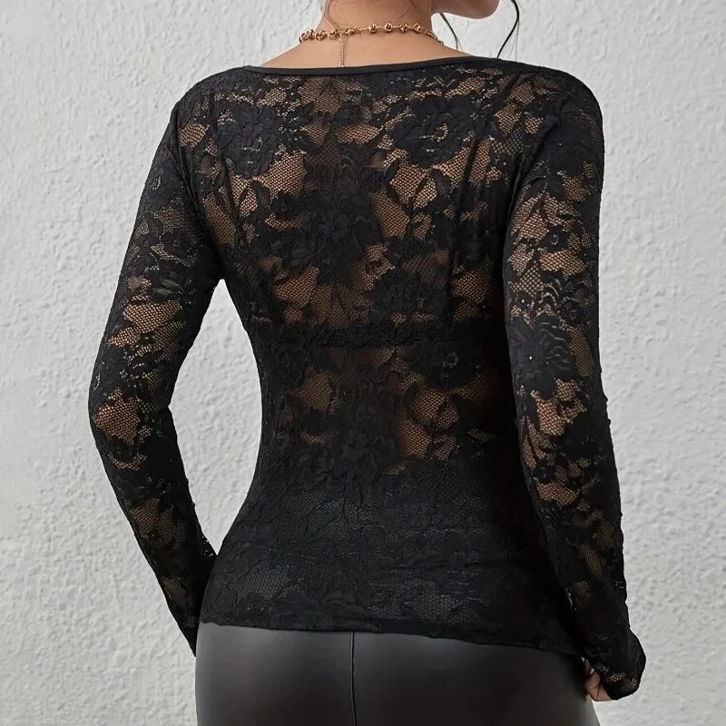 V-Neck Sheer Lace Long Sleeve Top with Scallop Trim for Women