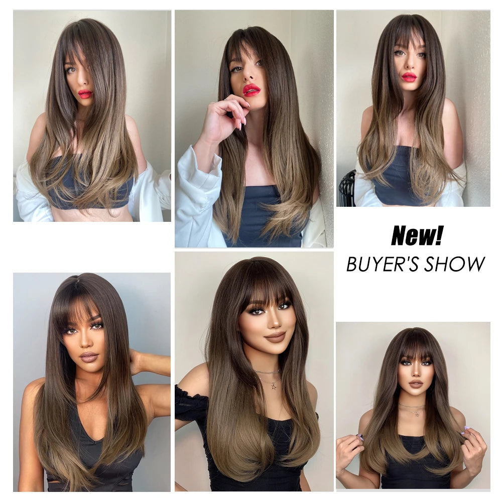 Heat Resistant Long Straight Ombre Bangs Wig for Women