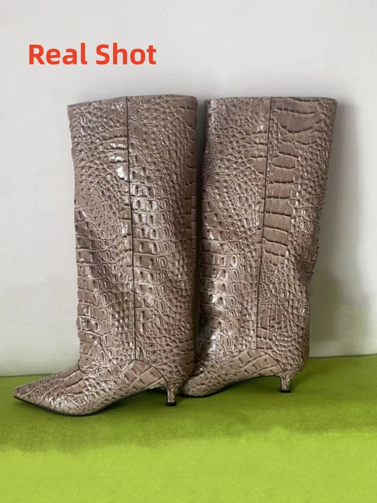 Crocodile Print Wide Shaft Kitten Heel Knee High Boots for Women